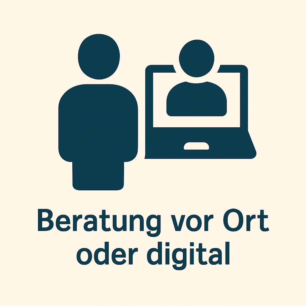 Person vor Laptop mit Berater auf dem Bildschirm – Illustration für Beratung vor Ort oder digital