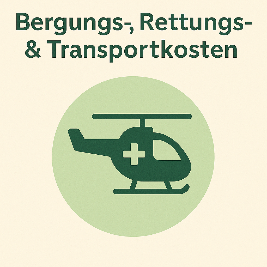 Grafik veranschaulicht Rettung und Bergung nach einem Unfall, mit Symbolen für Helikopter, Rettungsteam und Transport.
