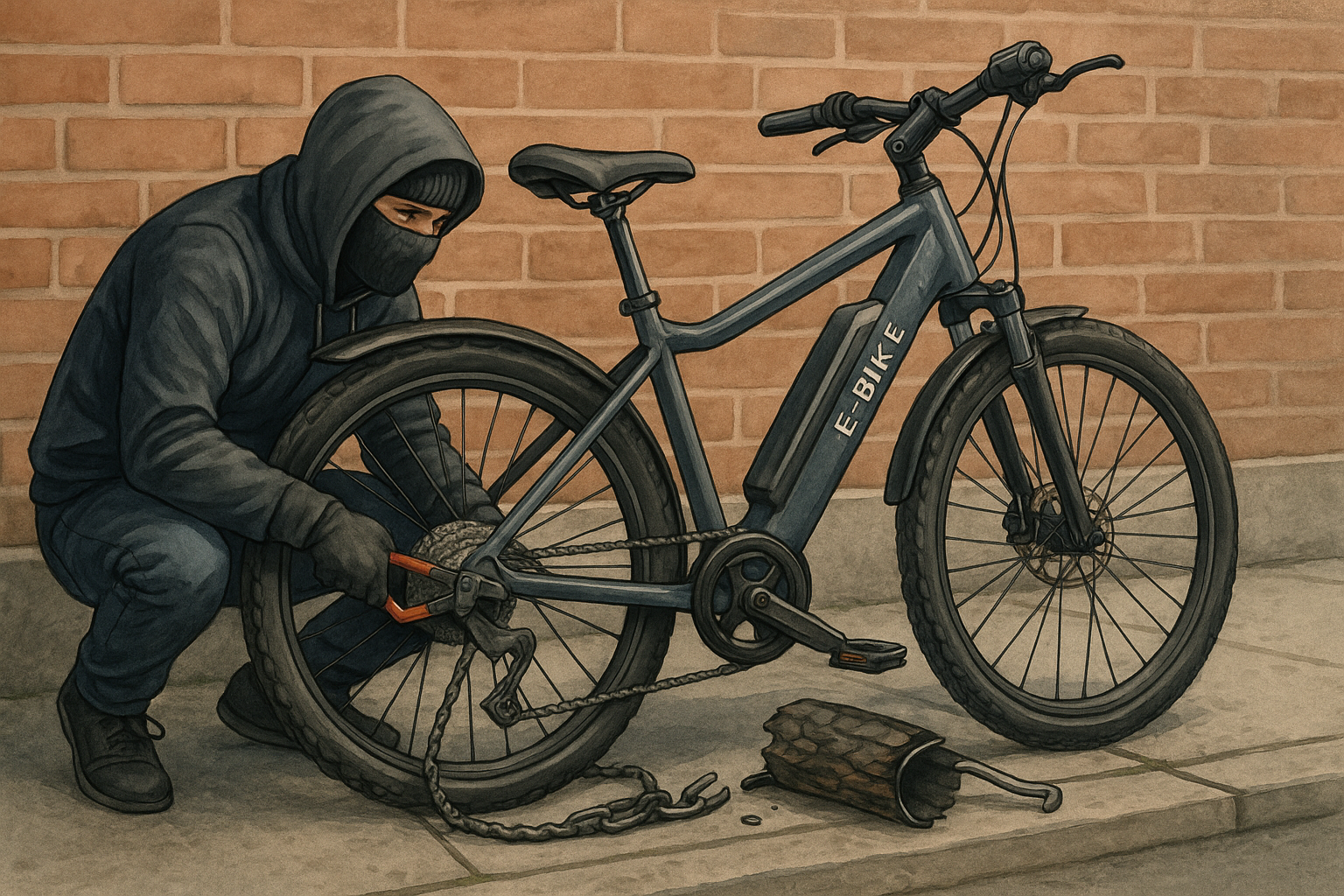 Ein maskierter Dieb schneidet mit einem Bolzenschneider ein Schloss am E-Bike durch – Illustration für Diebstahl- und Vollkaskoschutz.