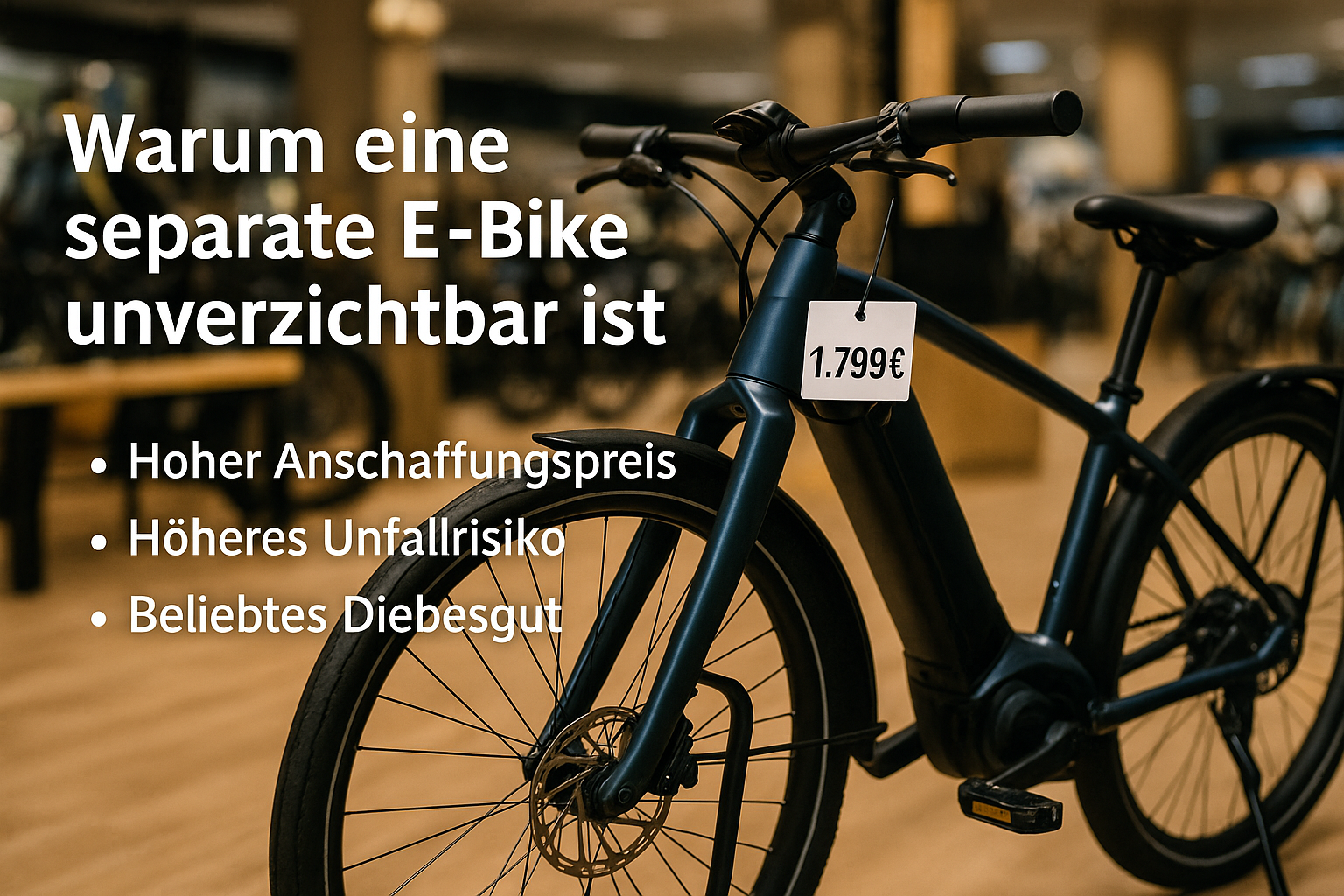 E-Bike-Versicherungs-MB E-Bike in einem Laden mit Preisschild 1.799 € und Text-Overlay: Warum eine separate E-Bike Police unverzichtbar ist • Hoher Anschaffungspreis • Höheres Unfallrisiko • Beliebtes Diebesgut