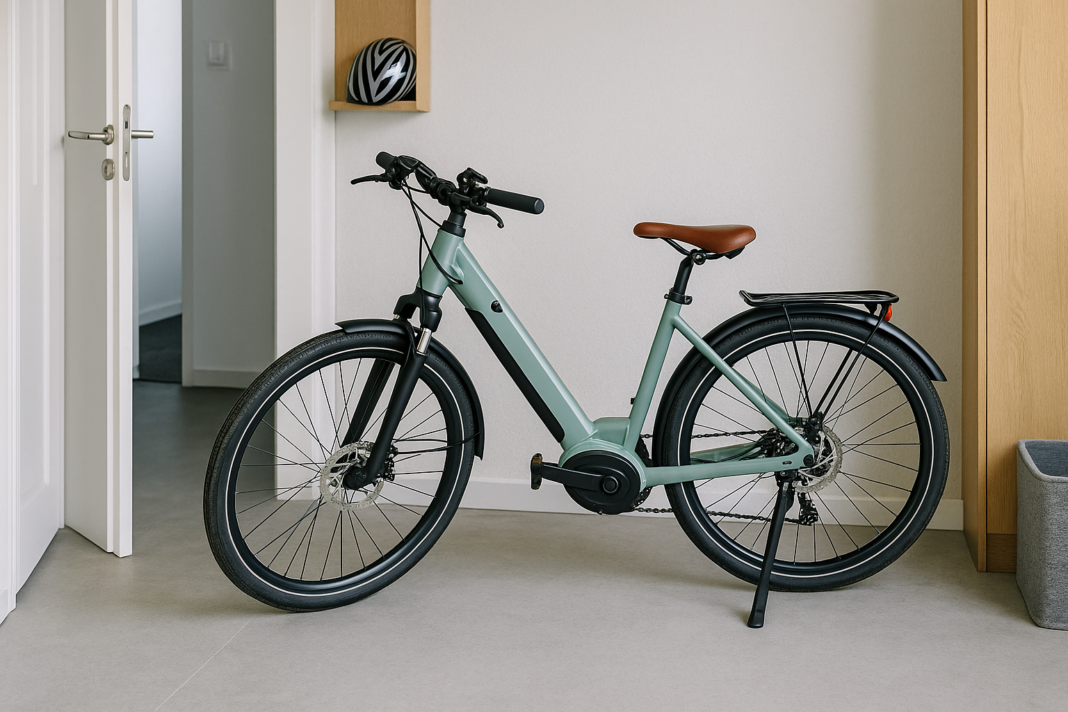 Ein modernes E-Bike steht sicher in einem hellen Wohnungsflur – Darstellung der Einbindung in die Hausratversicherung.