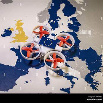 Mini-Drohne über Europakarte – symbolisiert internationale gewerbliche Einsätze und umfassende Versicherung.