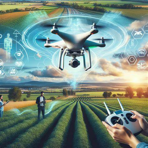 Drohne in landwirtschaftlicher Umgebung mit professionellem Bediener – symbolisiert gewerbliche Nutzung und höhere Anforderungen