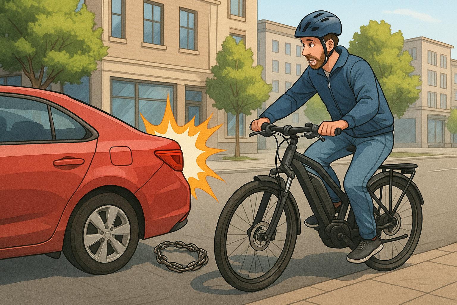 E-Bike-Fahrer kollidiert mit einem Auto in städtischer Umgebung – Unfall-Szene zur Verdeutlichung der Haftpflichtversicherung.