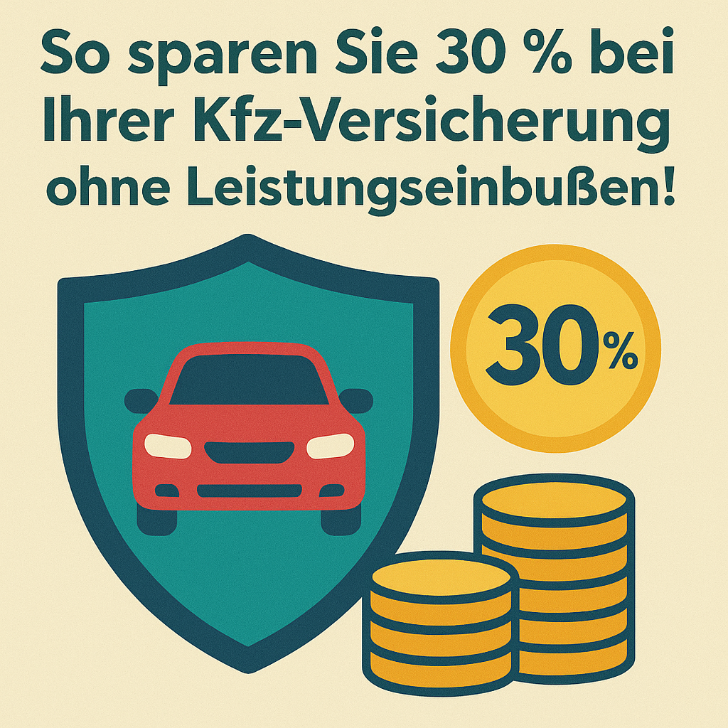 Grafik mit Schild, rotem Auto und Münzstapeln sowie Text ‚So sparen Sie 30 % bei Ihrer Kfz-Versicherung – ohne Leistungseinbußen!‘ auf hellem Hintergrund.