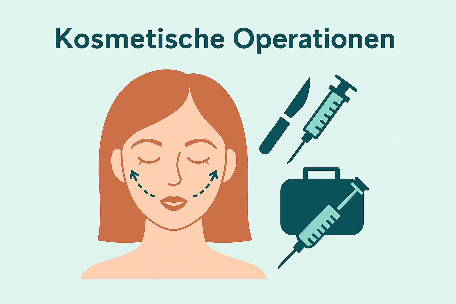 Darstellung kosmetischer Operationen im Kontext der Reiseunfallversicherung, mit Symbolen für ästhetische Chirurgie und medizinische Behandlung.
