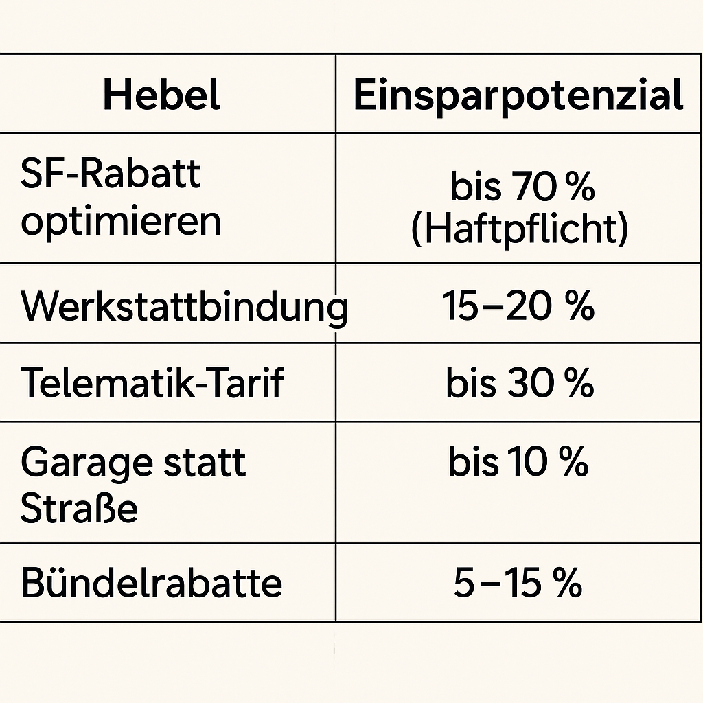 Quick-Tipps-MB Tabelle mit zwei Spalten: Hebel und Einsparpotenzial. Zeilen: SF-Rabatt optimieren – bis 70 % (Haftpflicht); Werkstattbindung – 15–20 %; Telematik-Tarif – bis 30 %; Garage statt Straße – bis 10 %; Bündelrabatte – 5–15 %.