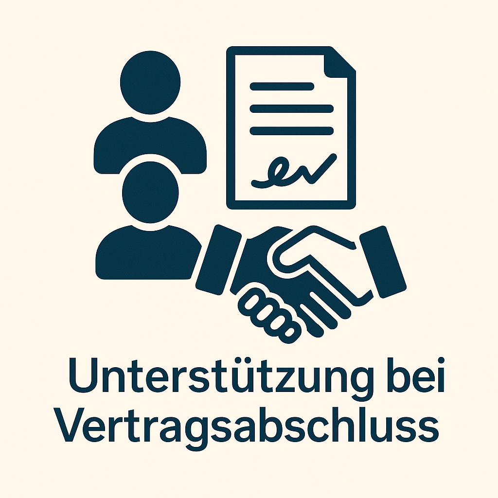 Zwei Personen mit Handschlag und unterschriebenem Vertrag als Symbol für Unterstützung beim Vertragsabschluss