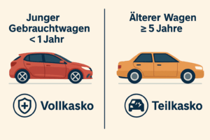 Vollkasko-und-Teilkasko Infografik mit drei Symbolen und Text: Werkstattbindung – 20 % Ersparnis, Tages-Ersatzwagen – prüfbarer Bedarf, Nachversicherung – automatischer Schutz bei Neuanschaffung.